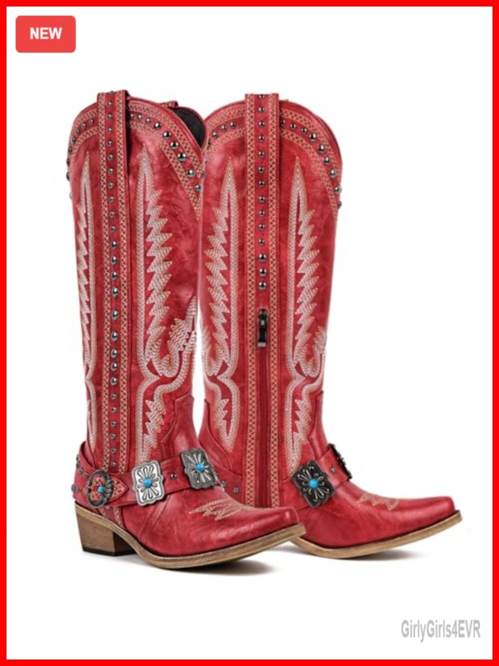 Knee High Western Cowboy Boots Embroidered Belt Buckle Chains